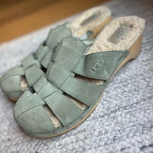 UGG Australia Ore Clog Sage Green Suede Shearling Caged Wooden Wedge Mule
